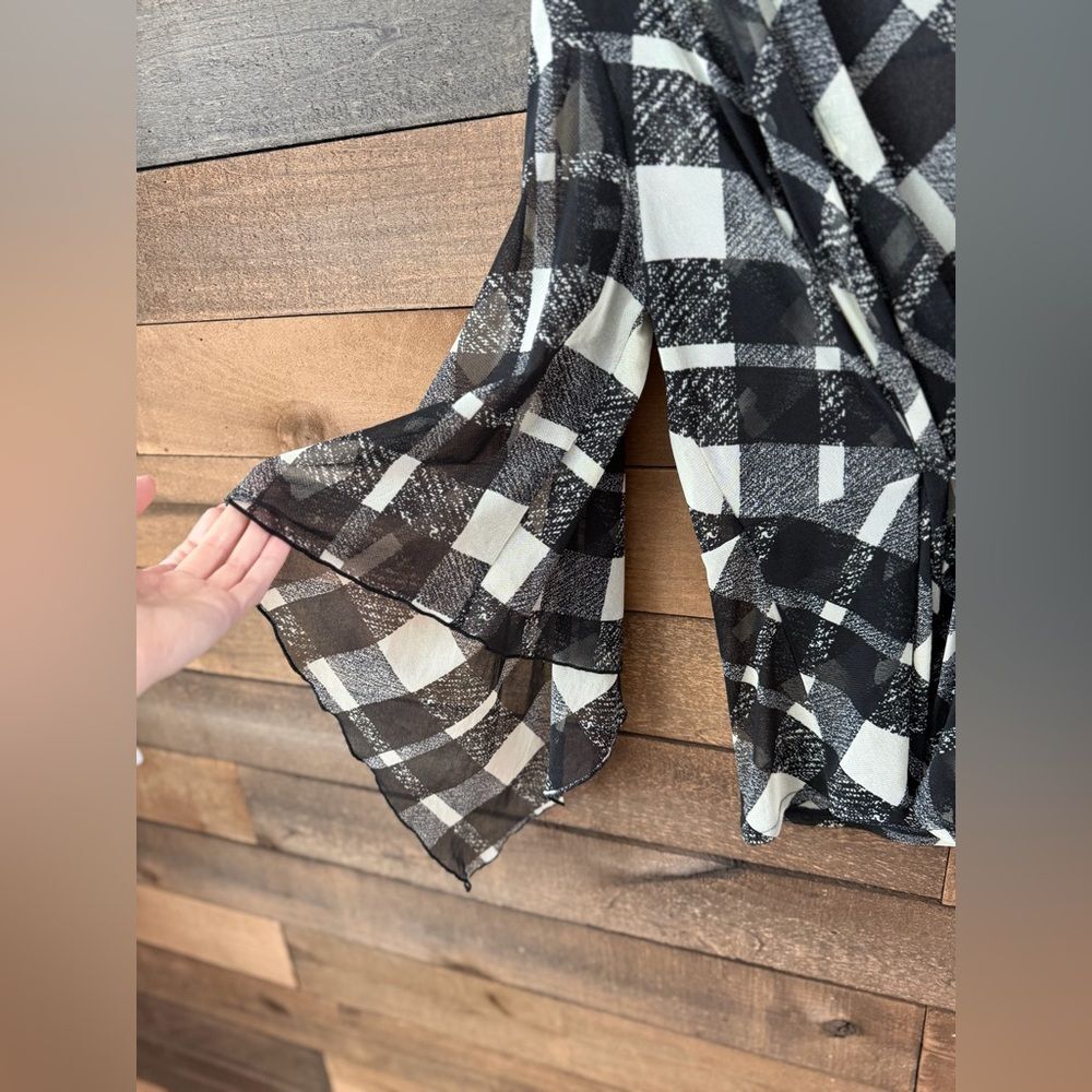 Y2K Sheer Plaid Wrap Top Bell Sleeve Tie Front 2000s - Picture 13 of 16